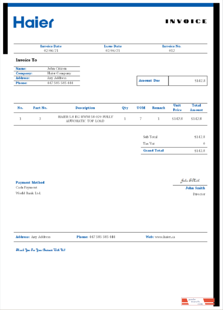 USA Haier invoice PSD template